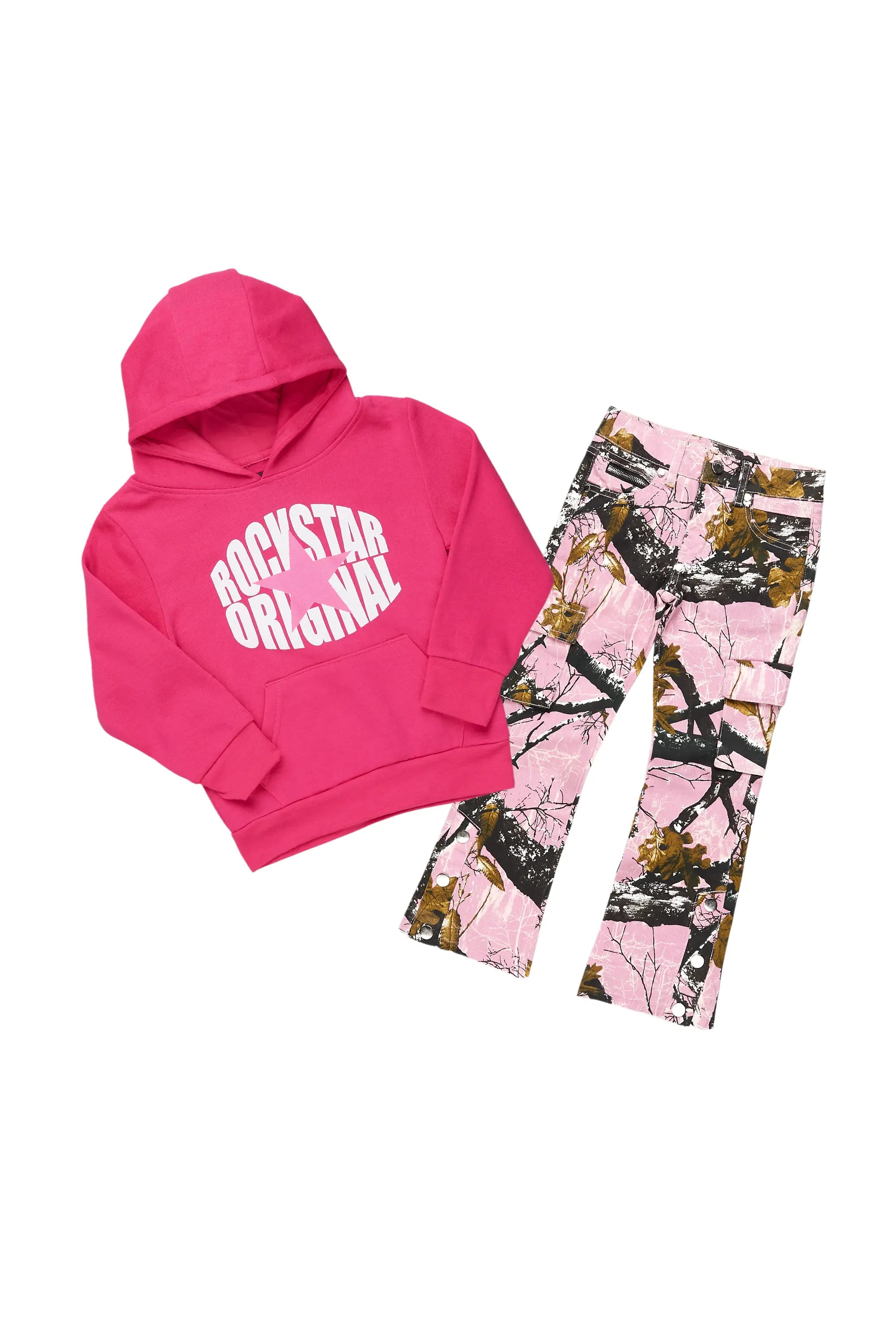 Girls Mia Pink Hoodie/Stacked Flare Jean Set