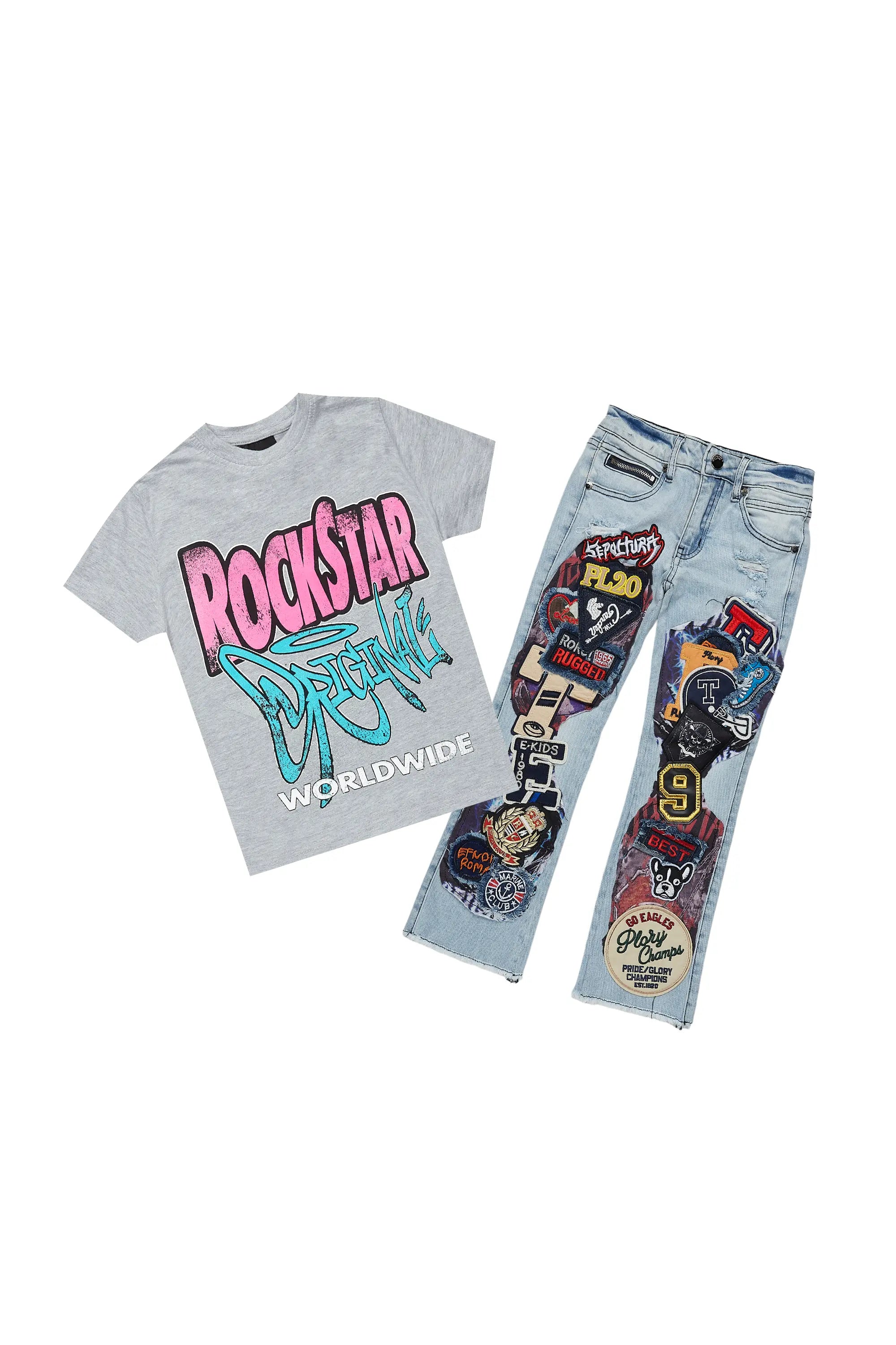 Girls Kaite Blue/Grey T-Shirt/Stacked Flare Jean Set