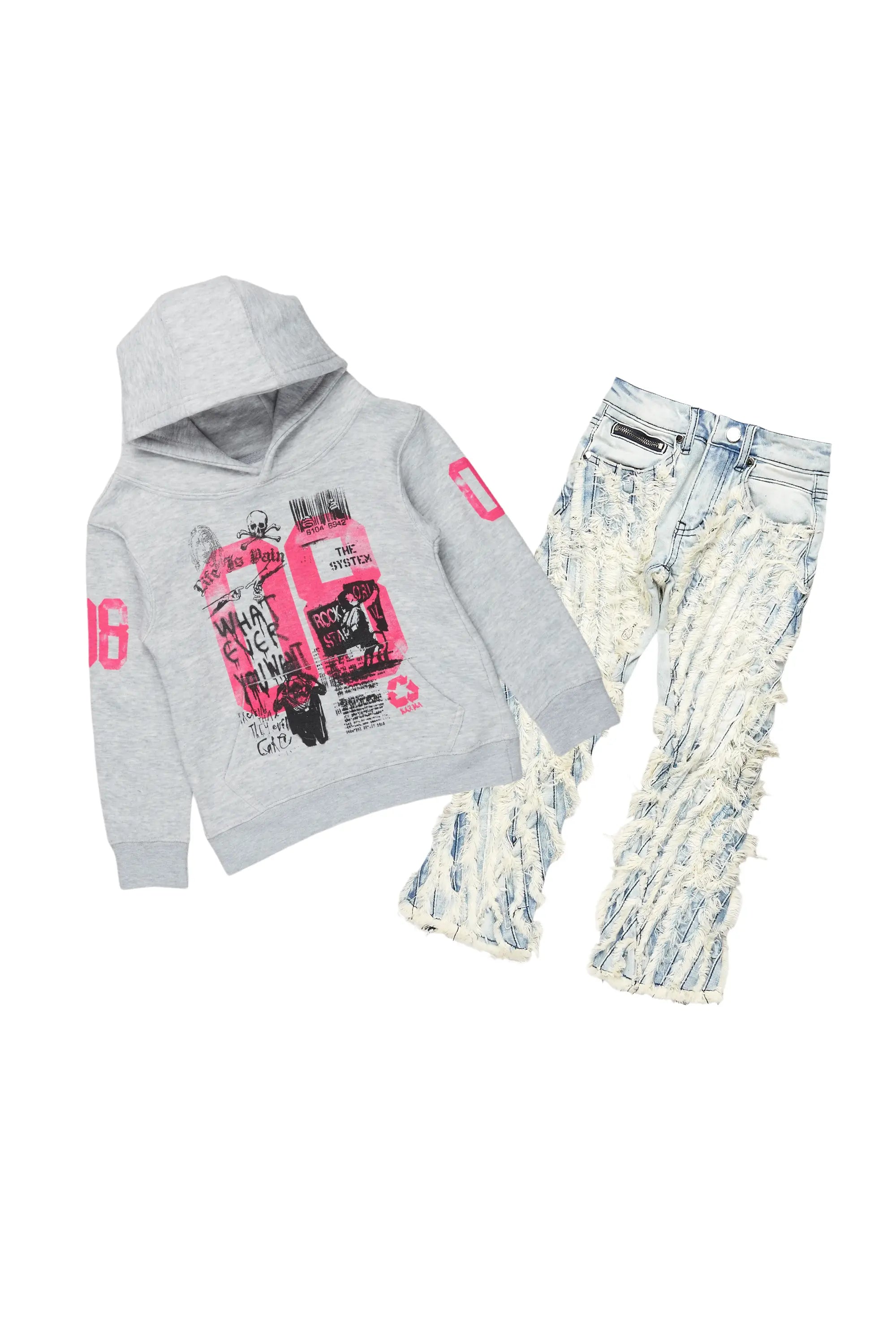 Girls Kammy Grey Hoodie/Stacked Flare Jean Set