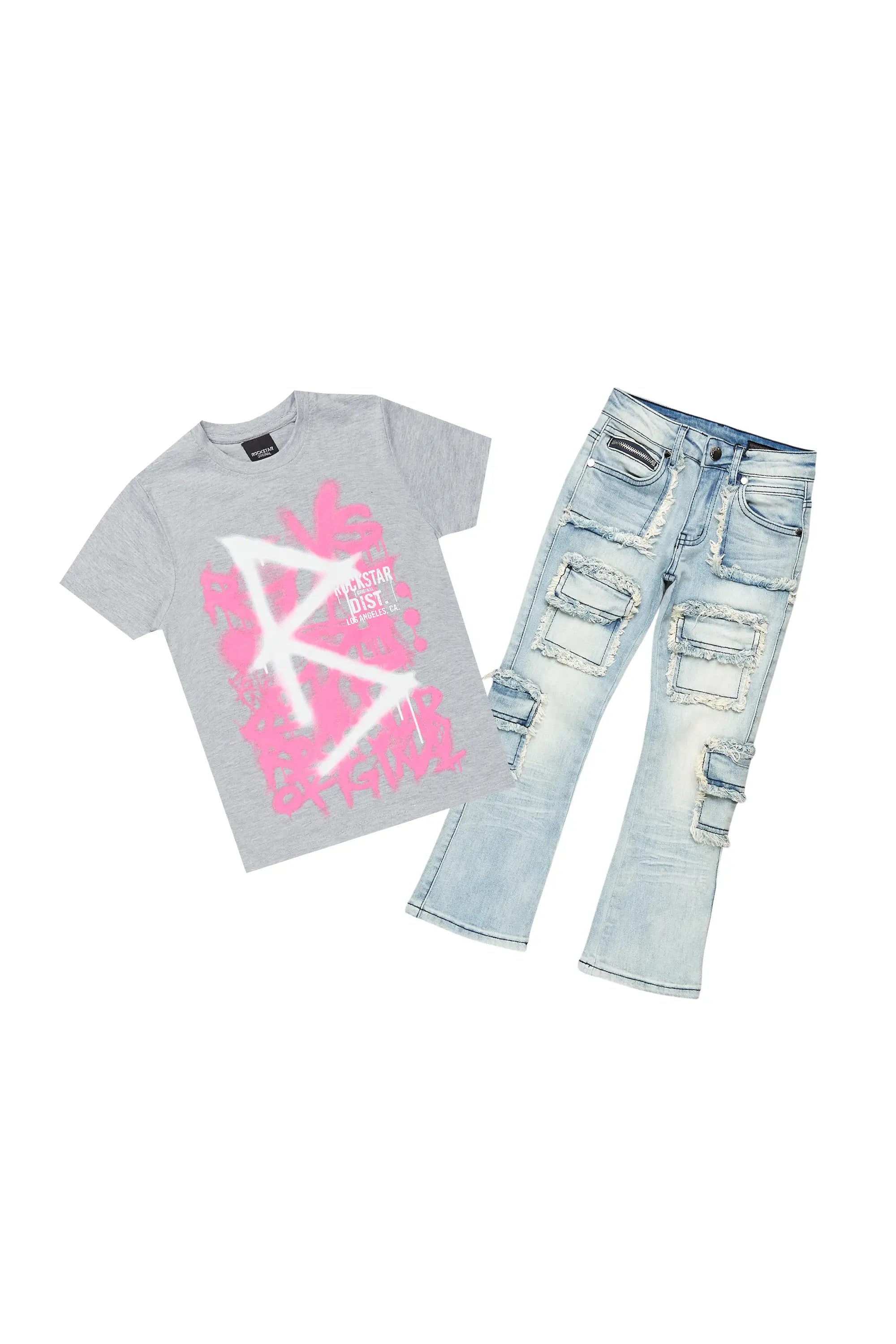 Girls Nahomy Grey T-Shirt/Stacked Flare Jean Set