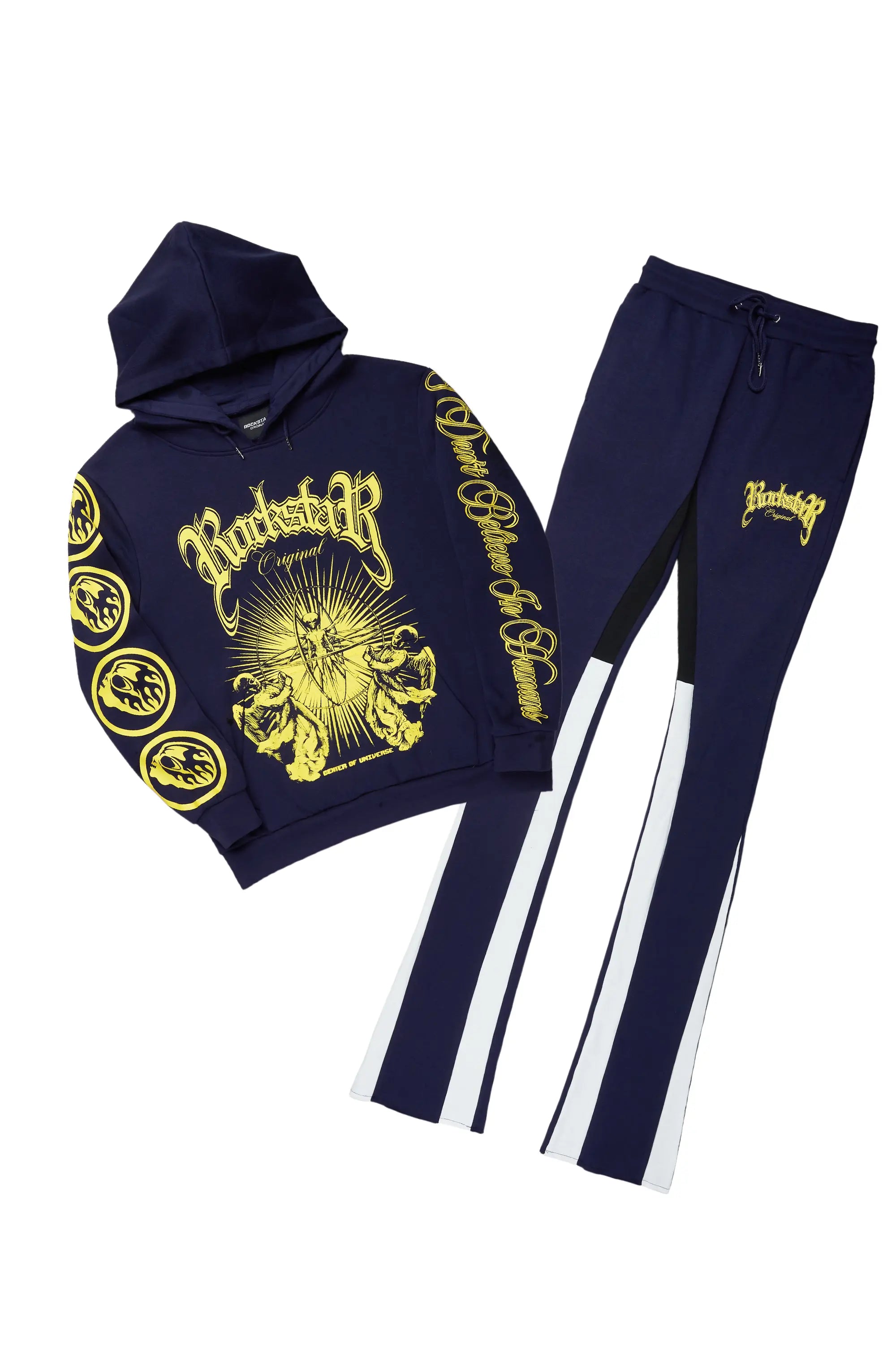 Yarden Navy Hoodie/Super Stacked Flare Pant Track Set