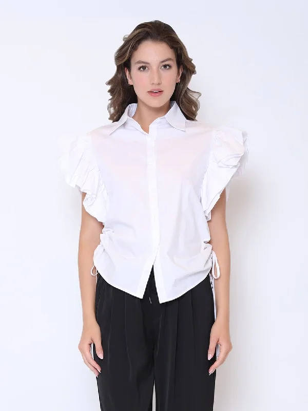 Ruffle Sleeve Drawstring Button Down Shirt