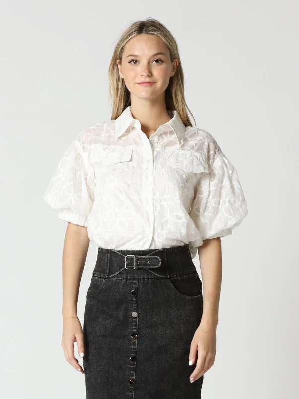 Sheer Flower Pattern Puff Sleeves Collor Shirt