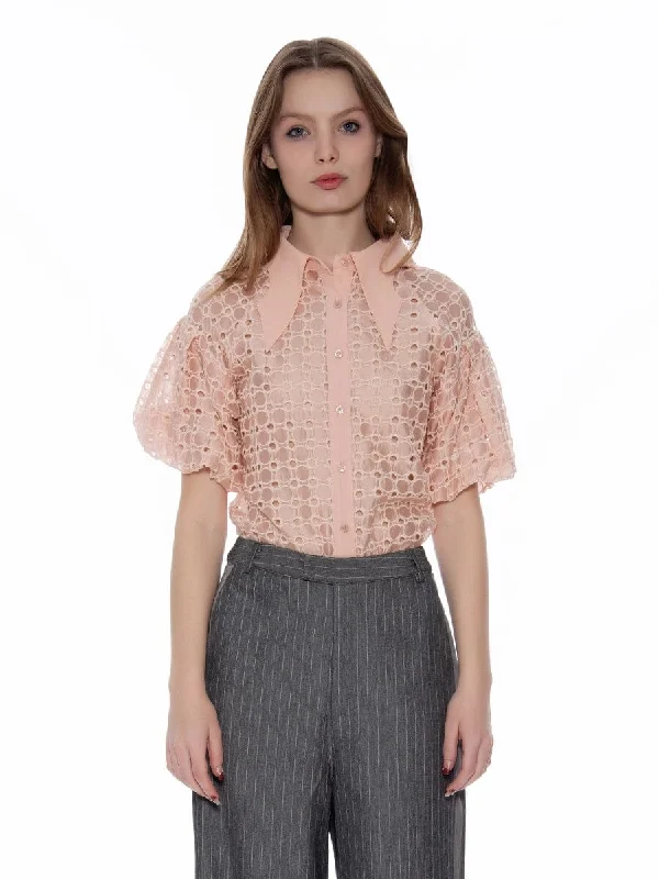 Wing Collar Circle Embroidered Puff Short Shirt