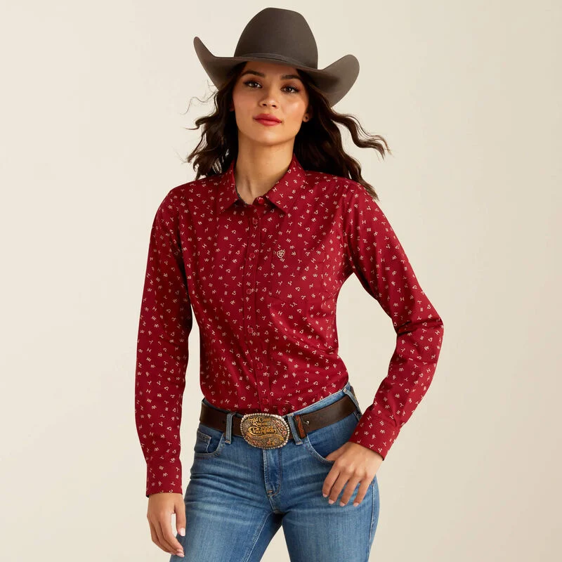 Ariat Women's Kirby Stretch L/S Western Button Down Shirt in Red Cattle Brand