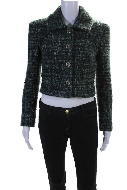 Chanel Womens Wool Blend Dark Green Textured Long Sleeve Jacket MF303