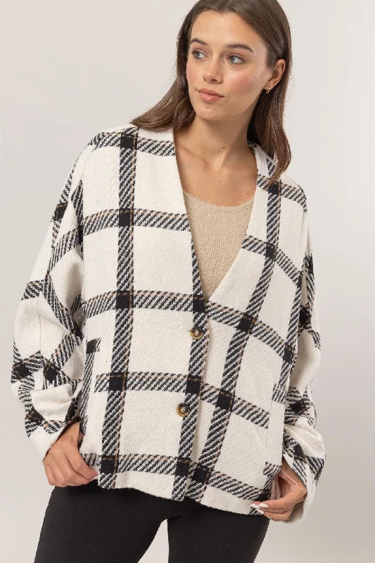 Cream Plaid Long Sleeve Jacket with Side Slit Pockets