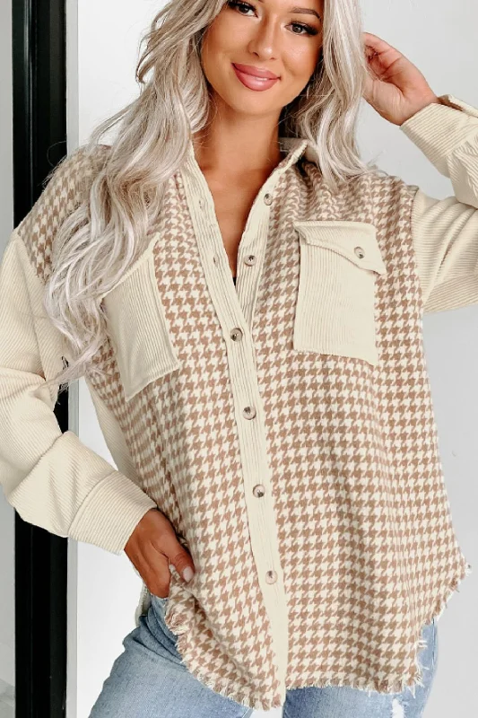 Beige Houndstooth Button Up Long Sleeve Jacket