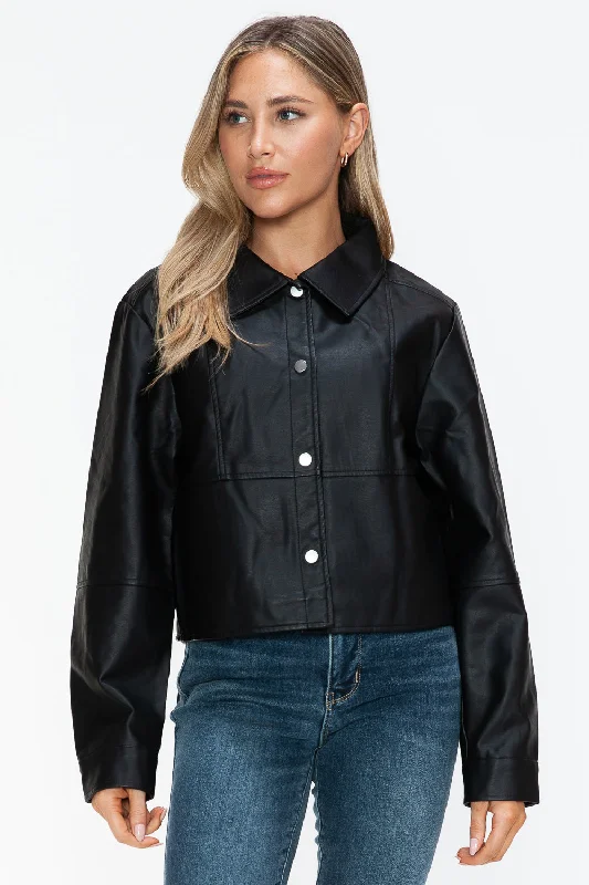 Black Snap Down Long Sleeve PU Leather Jacket