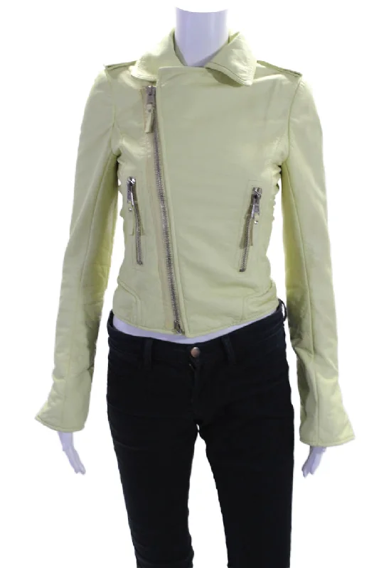 Balenciaga Womens Pale Yellow Leather Zip Long Sleeve Motorcycle Jacket